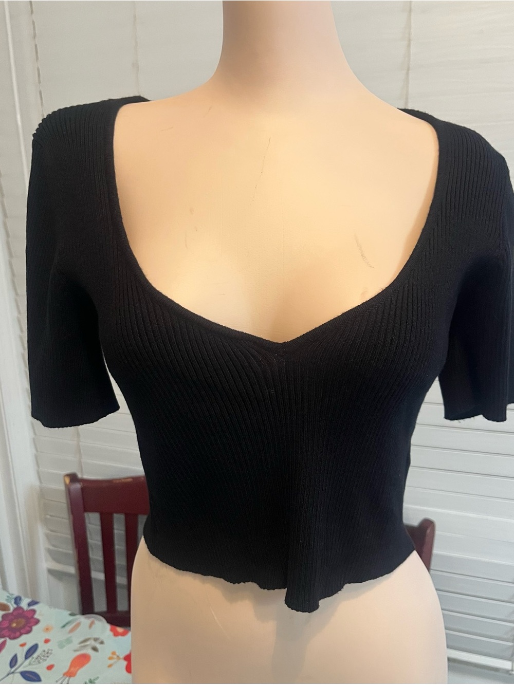 Black Ribbed V-Neck Crop Top - Women's